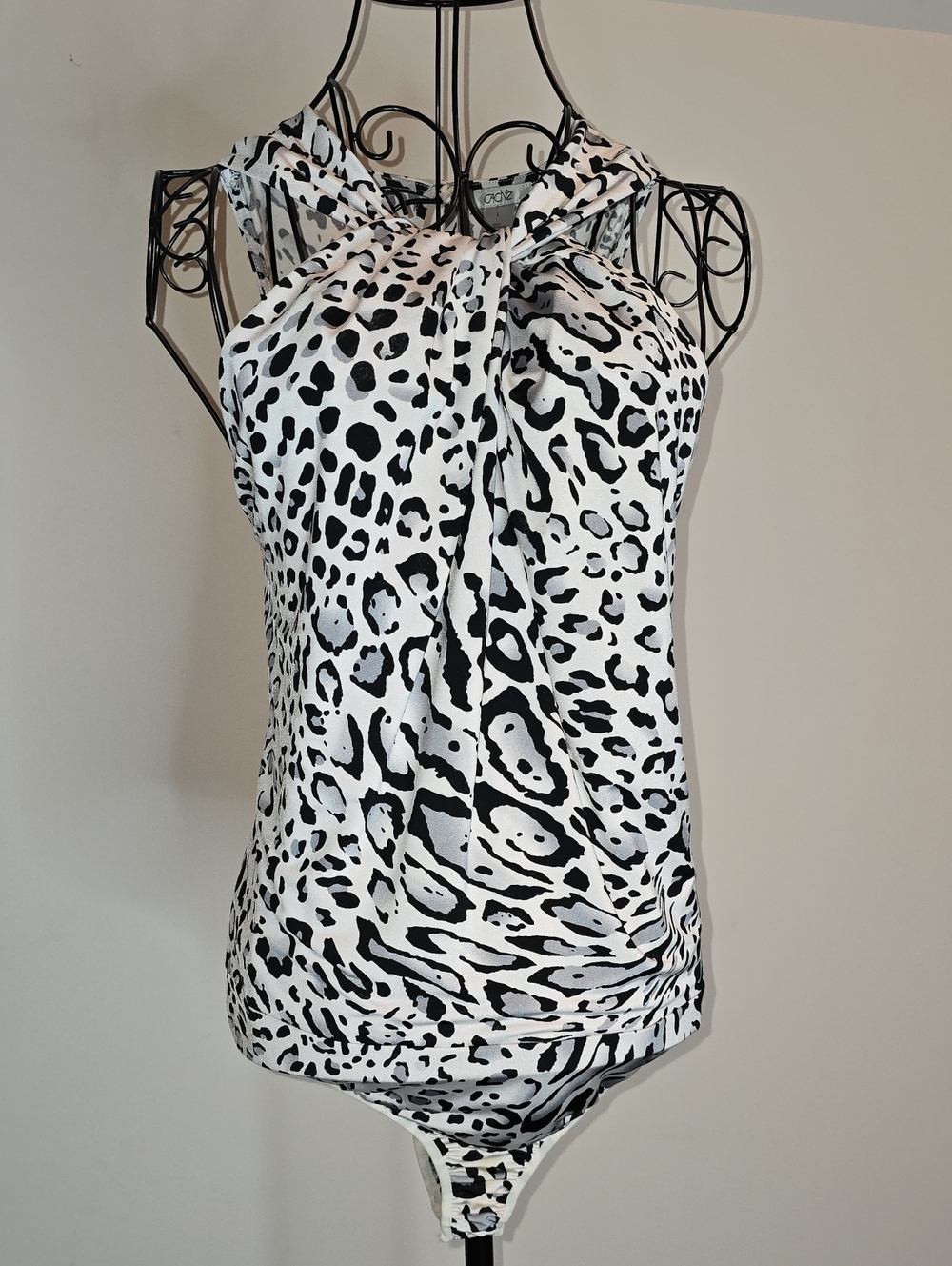 Cache Black and White Leopard-Print Halter Tie-Neck Bodysuit